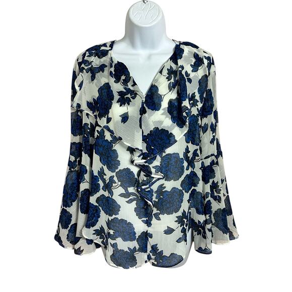 Curations Blue Floral Blouse Sz XS Bell Sleeve V-Neck Top Lined Layered Tank - Picture 8 of 8